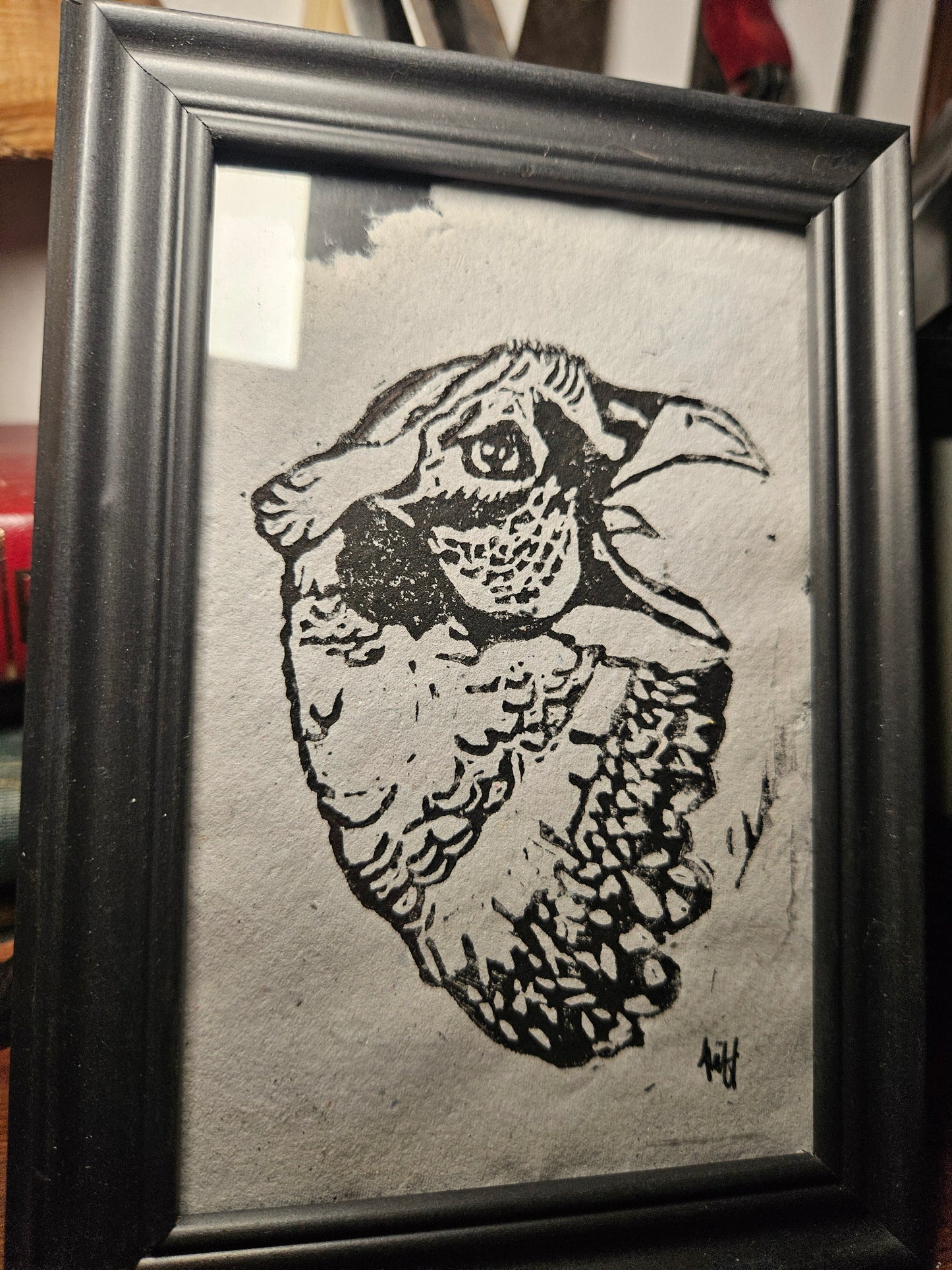 Black Framed Ring-necked pheasant linocut