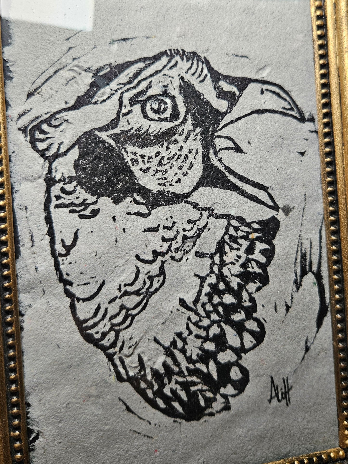 Gold Framed Ringneck Pheasant Linocut