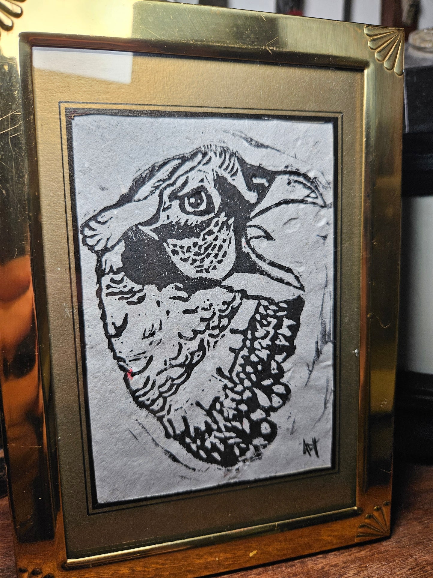 Gold Framed Ring-necked Pheasant Linocut