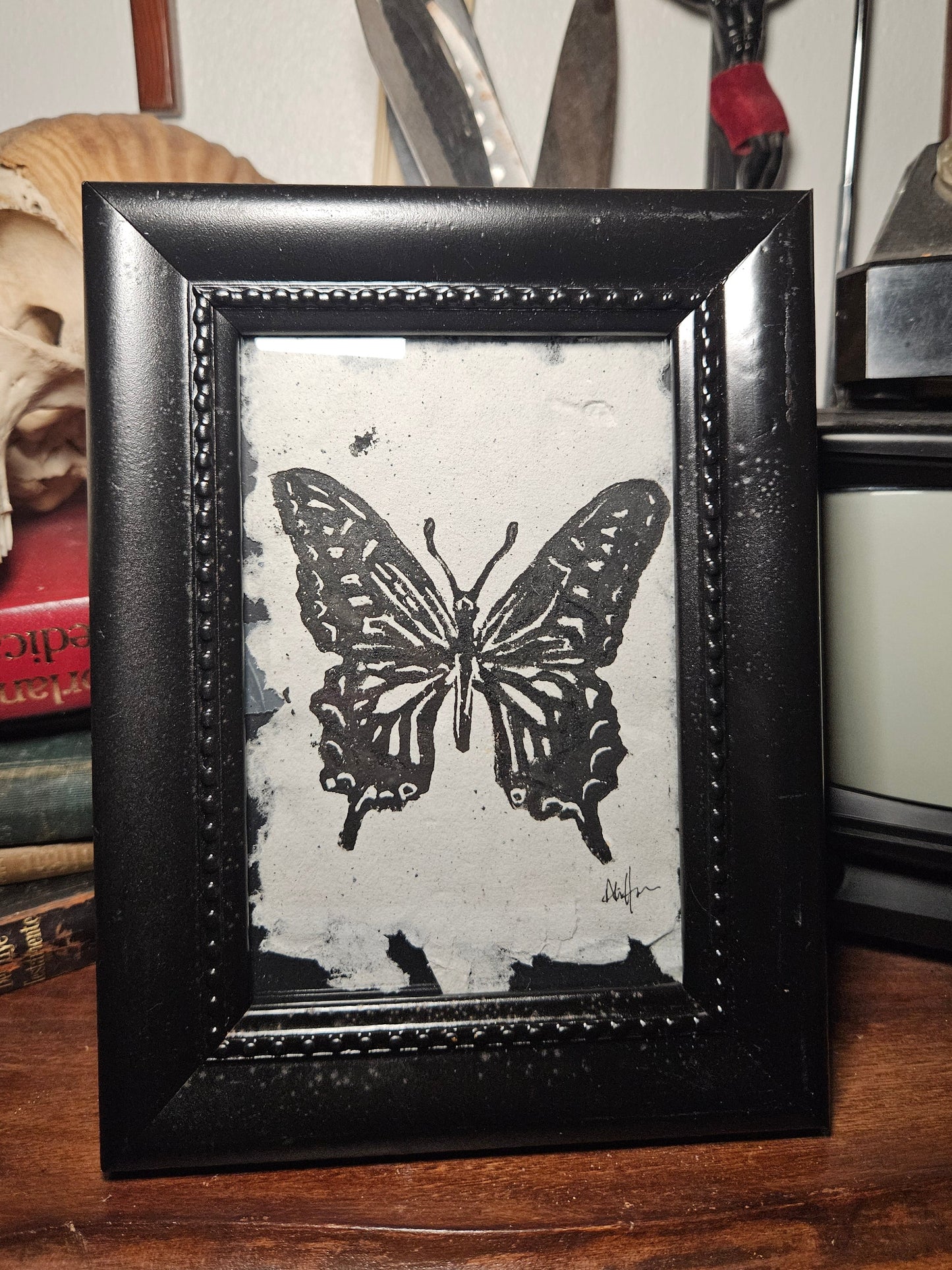Framed Black swallowtail butterfly linocut