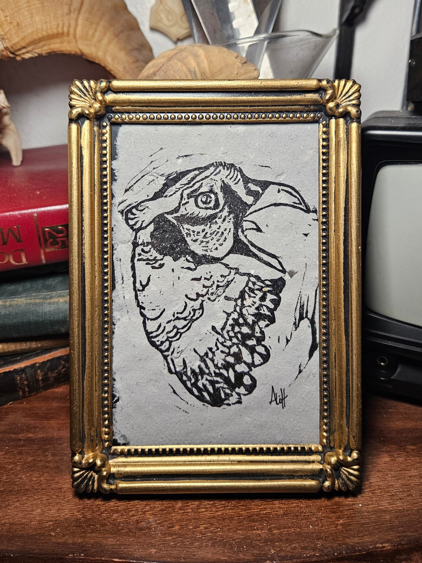 Gold Framed Ringneck Pheasant Linocut