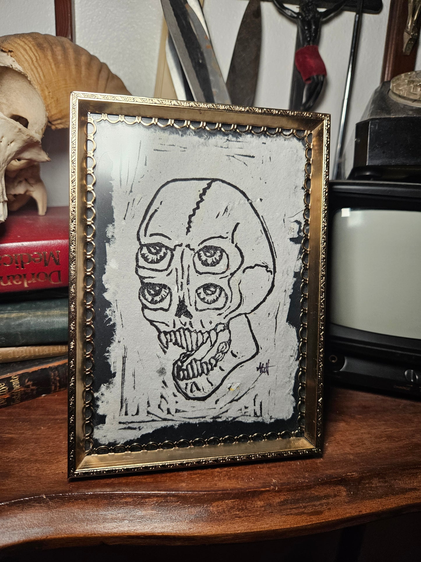 Framed Double Vision linocut