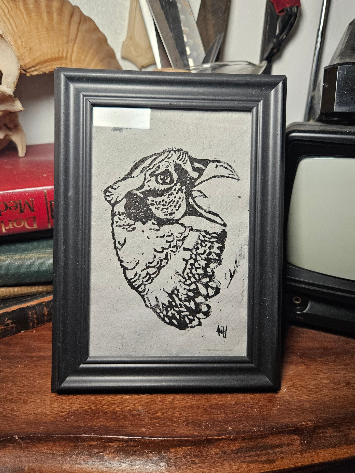 Black Framed Ring-necked pheasant linocut